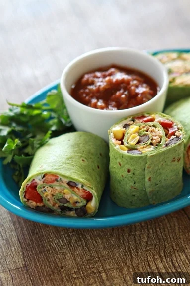 photo of a recipe for chipotle chicken wraps on a blue plate with a white bowl with salsa