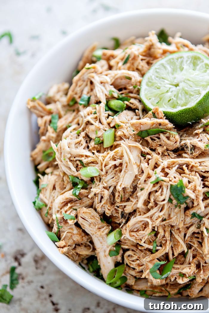 shredded mexican chicken in a white bowl for making a recipe for chipotle chicken wraps