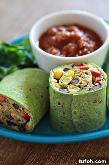 close up photo of a recipe for chipotle chicken wraps on a blue plate with a white bowl with salsa