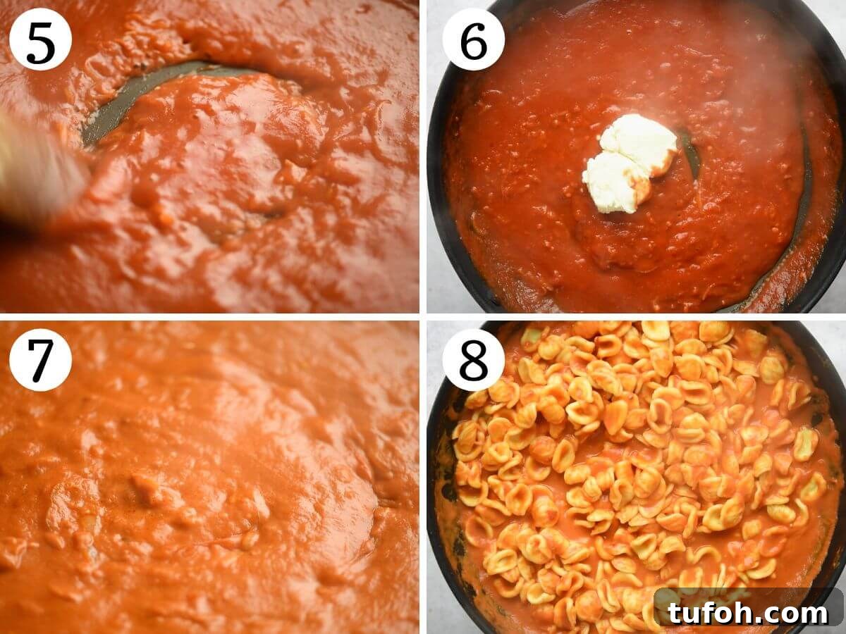 Four photos in a collage showing how to make a creamy Nduja pasta sauce with orecchiette.