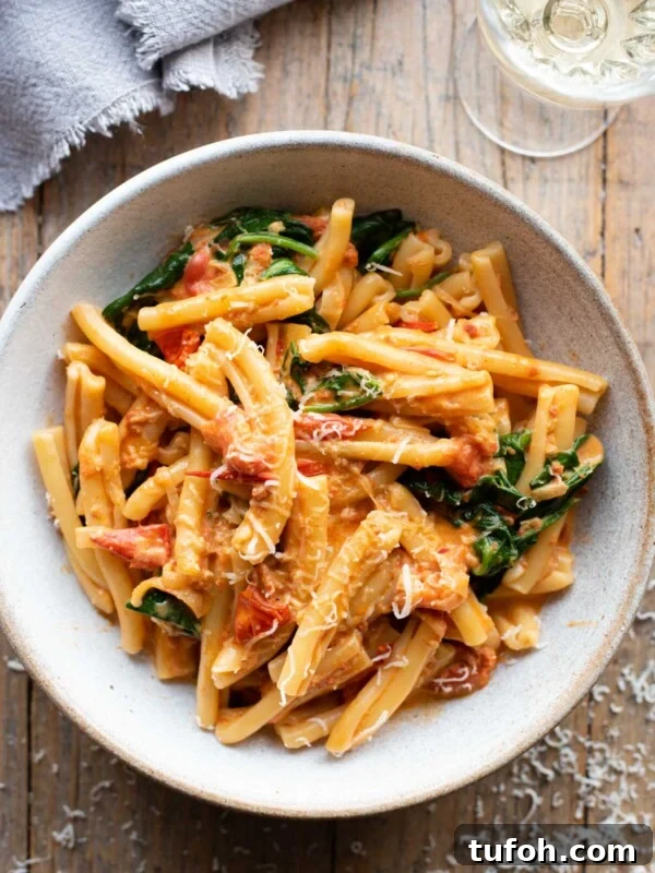 An overhead shot of creamy Nduja pasta in a bowl sitting on a rustic wooden surface