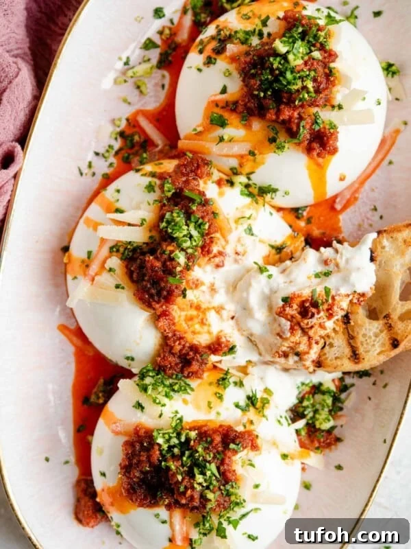 An overhead shot of burrata cheese on a serving plate with nduja and gremolata