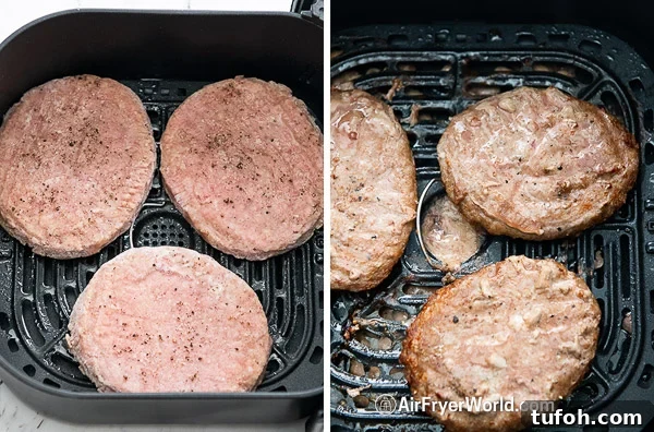 Crispy Air Fryer Frozen Turkey Patties in 12–15 Minutes 11 Raw and cooked 1/3 pound frozen turkey patties in air fryer basket