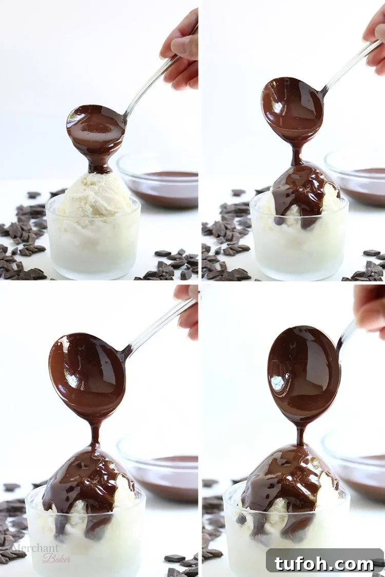 Chocolate Shell Ice Cream Topping: Crunchy Hard Chocolate Coating 12 A four image collection of Chocolate Hardshell Ice Cream Topping being poured onto ice cream from themerchantbaker.com
