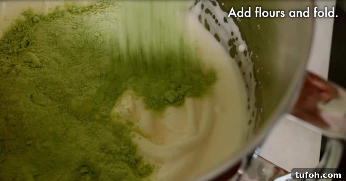 adding matcha and flour in whipped egg and sugar in a bowl