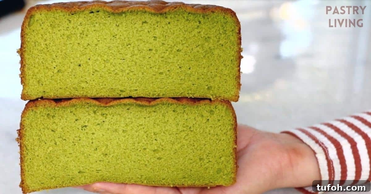 up-close of fluffy matcha green tea sponge cake cut in half