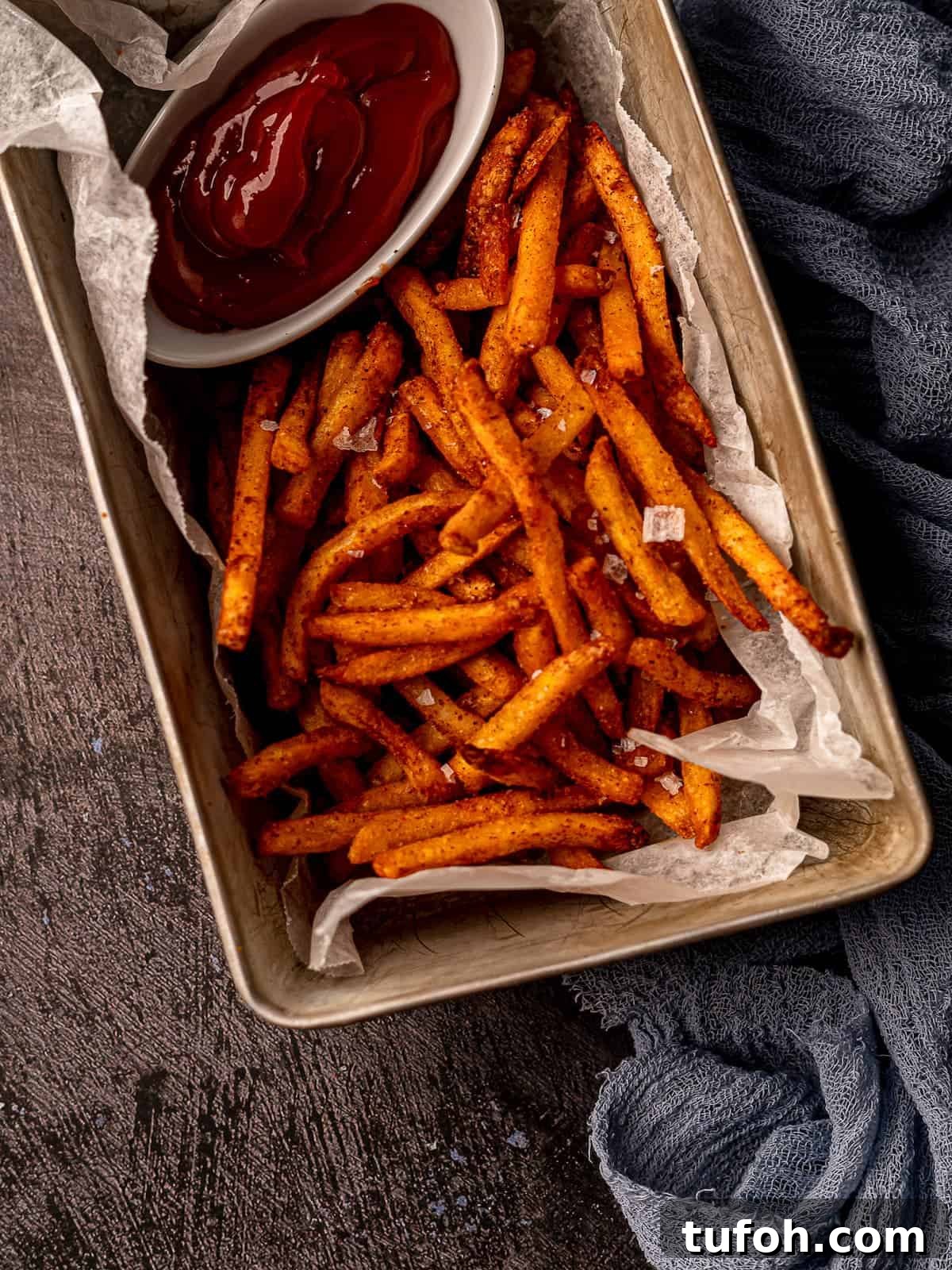 Fries in a container with a side of ketchup next to a blue linen.