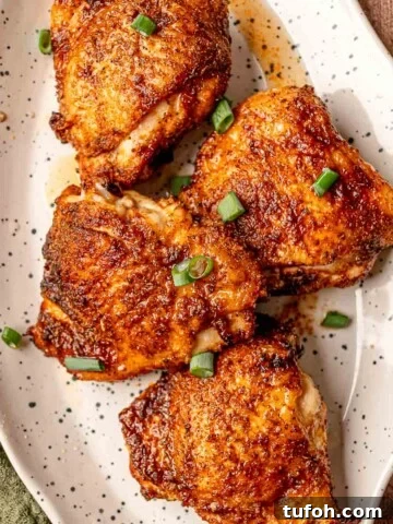 Four air-fried chicken thighs with a crisp dry rub exterior, plated on a speckled white serving dish.