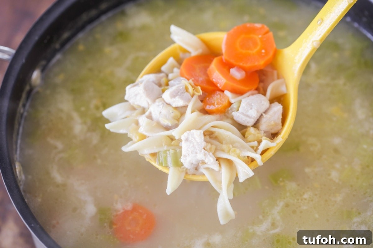 A ladle filled with shredded chicken, carrots, corn and celery above a pot of chicken corn soup.