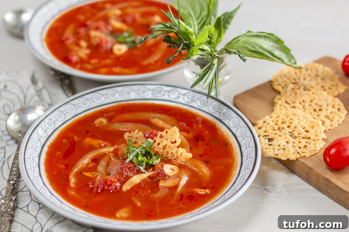 Tomato Fennel Soup with parmesan crisp in mid-century bowls 