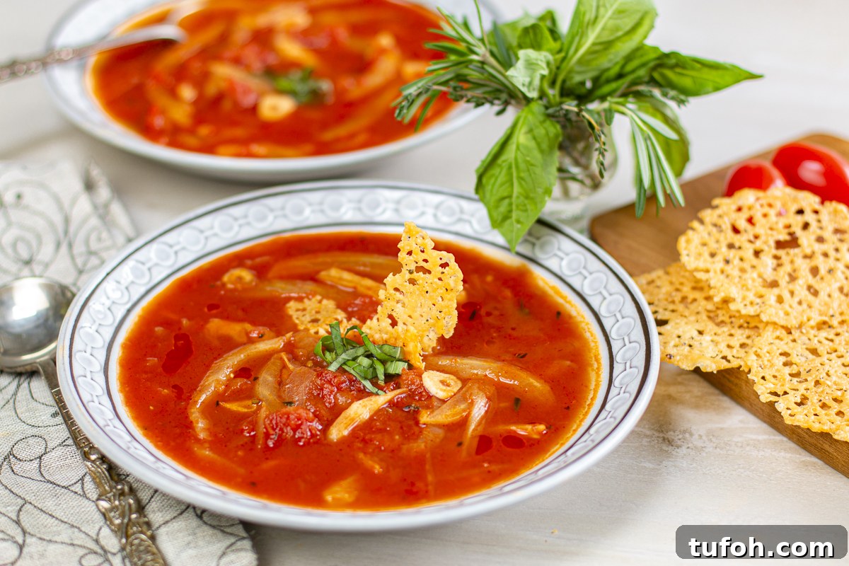 Garnish this delicious tomato and fennel soup with parmesan crisps (frico)
