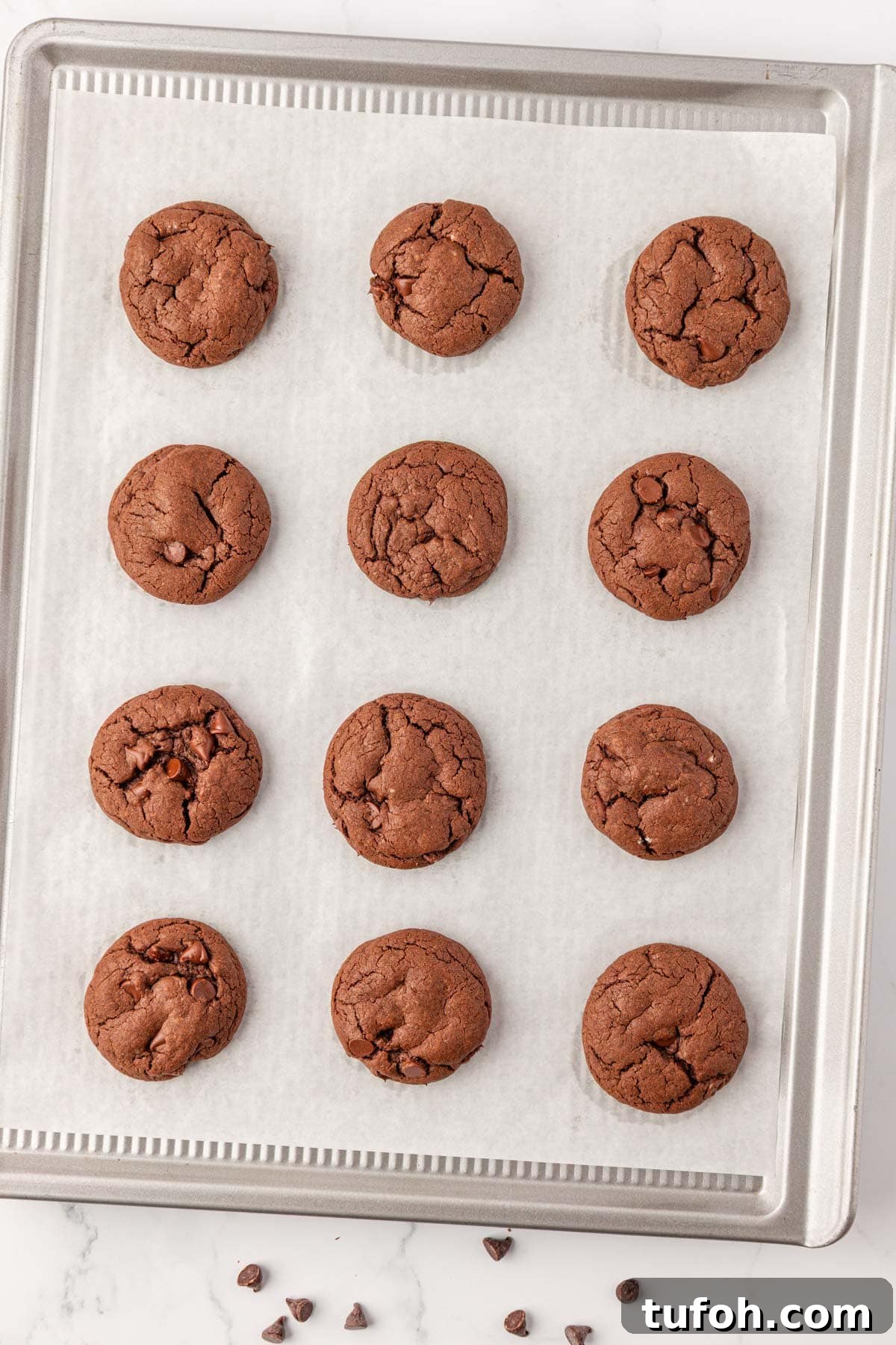 chocolate cake mix cookies on a baking sheet