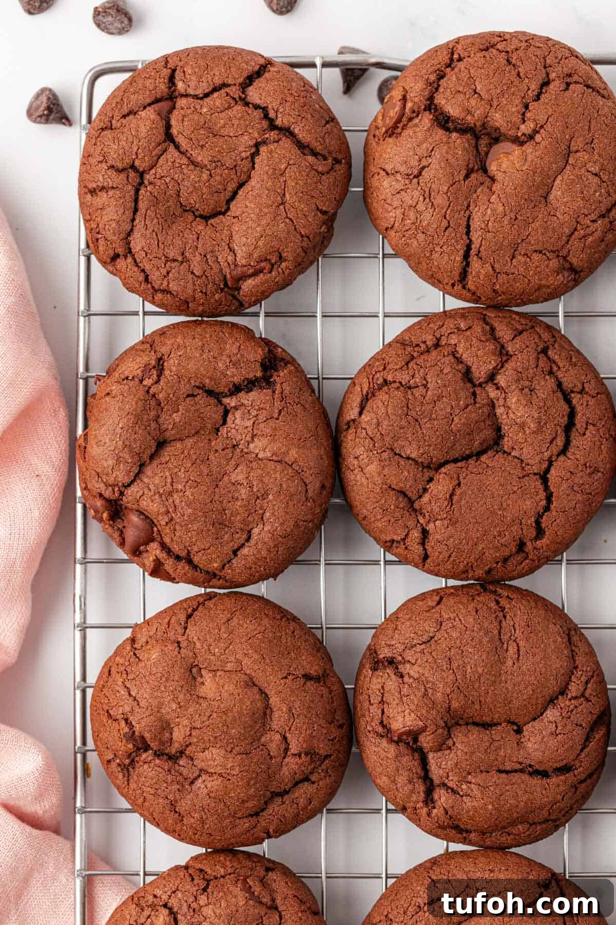chocolate cake mix cookies on a wire cooling rack