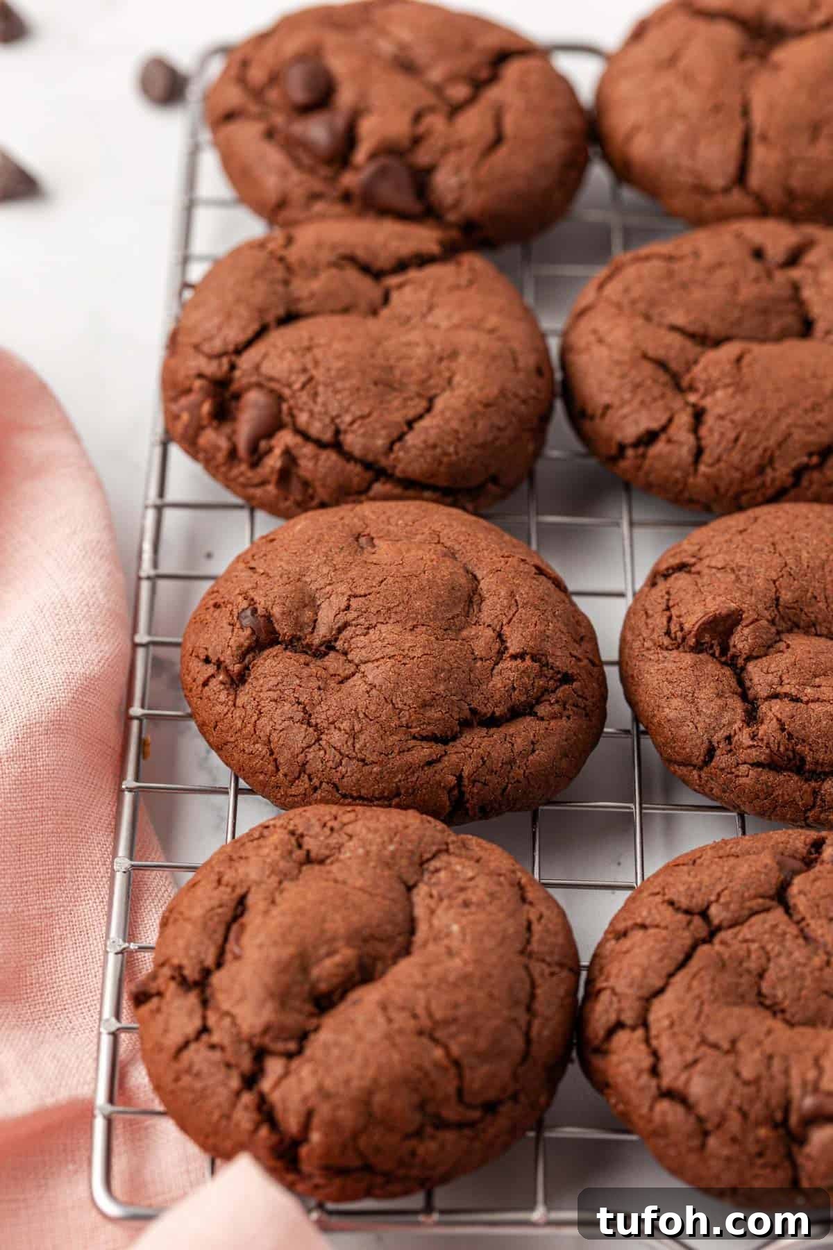 chocolate cake mix cookies on a wire cooling rack