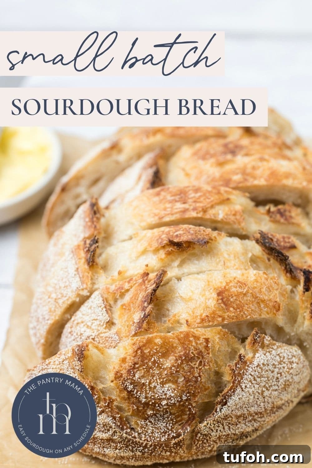 Small-Batch Sourdough Loaf Recipe for Home Bakers 15 Pinterest graphic for small batch sourdough bread with rustic loaf and text overlay.