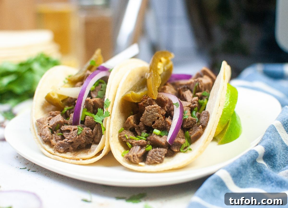 Crispy Air Fryer Street Tacos Recipe for Quick Weeknight Meals 2 Looking at a plate of Air Fryer Beef Street Tacos.