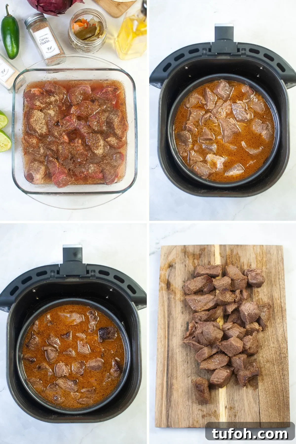 Crispy Air Fryer Street Tacos Recipe for Quick Weeknight Meals 4 First four steps of how to make beef street tacos- collage of images.
