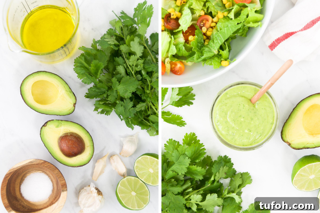 Creamy Avocado Lime Dressing Recipe for Salads & Bowls 3 Collage showing ingredients to make avocado dressing and the final dressing in a mason jar