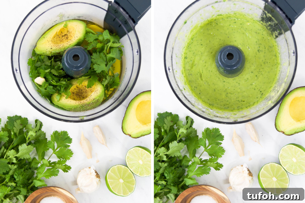 Creamy Avocado Lime Dressing Recipe for Salads & Bowls 4 Collage showing how to make Avocado Lime Dressing in a food processor, before and after blending