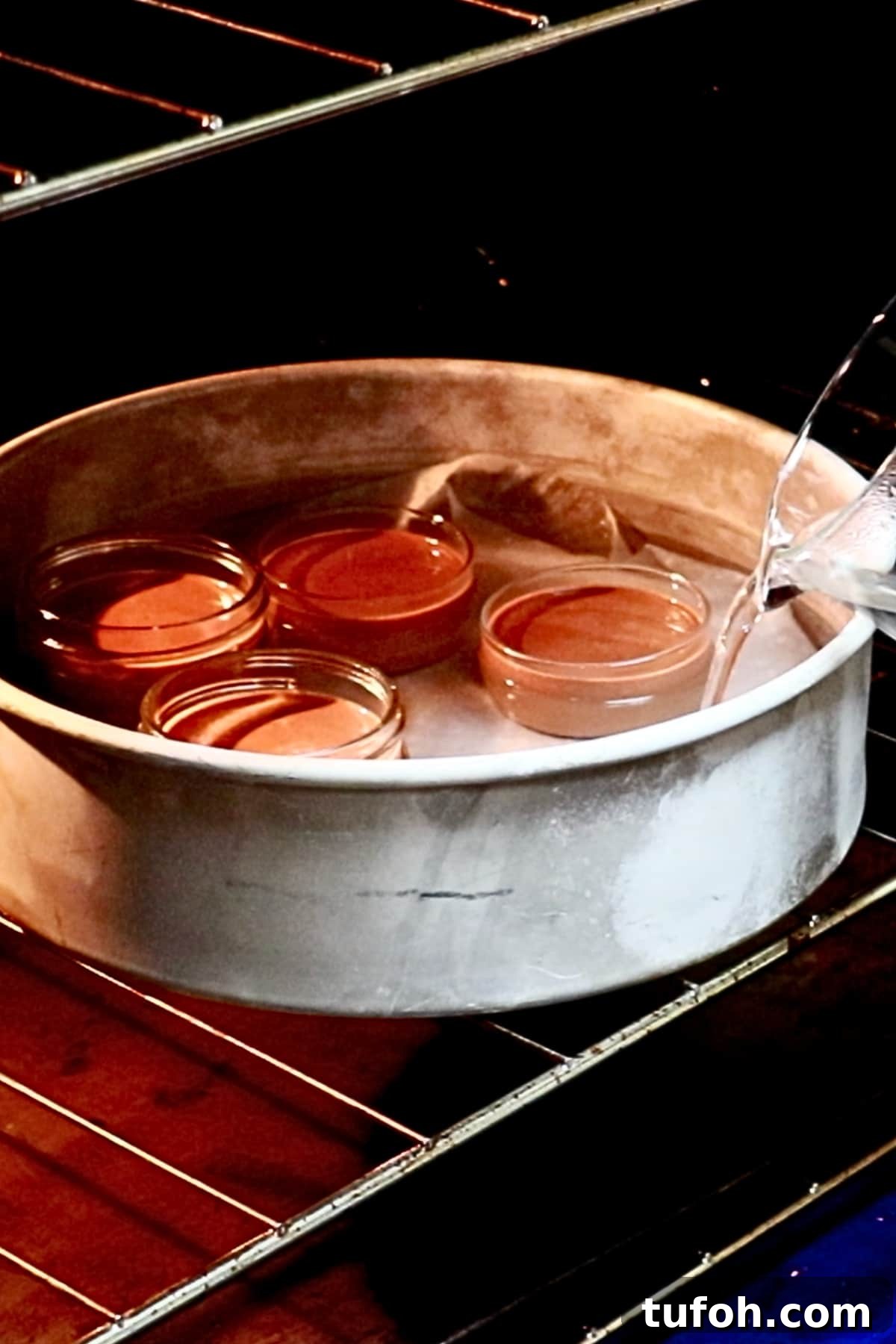 Decadent Baked Chocolate Pudding Recipe for Chocolate Lovers 11 pouring hot water on a baking pan placed with chocolate pudding cups