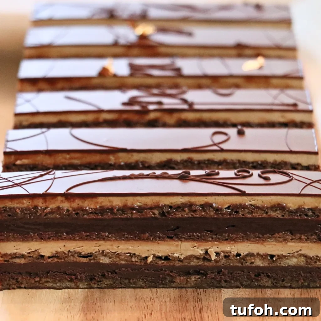 Decadent Baked Chocolate Pudding Recipe for Chocolate Lovers 15 slices of a classic opera cake on a wood board