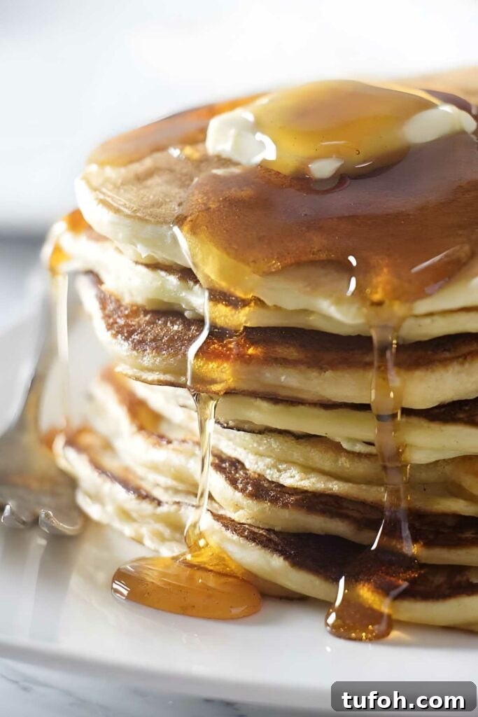 Stack of ricotta sourdough pancakes with butter, syrup drizzling, and a fork on plate.