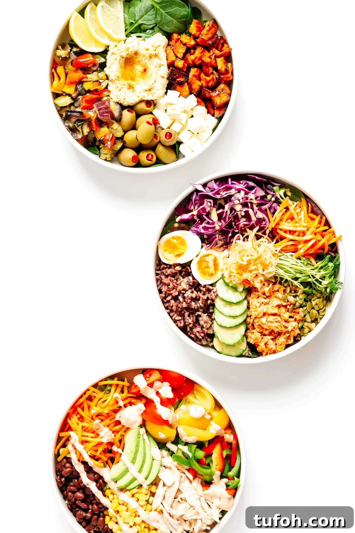 Create a Nourish Bowl: Step-by-Step Homemade Recipe Guide 2 Three different healthy nourish bowls arranged in a curve on a white background.