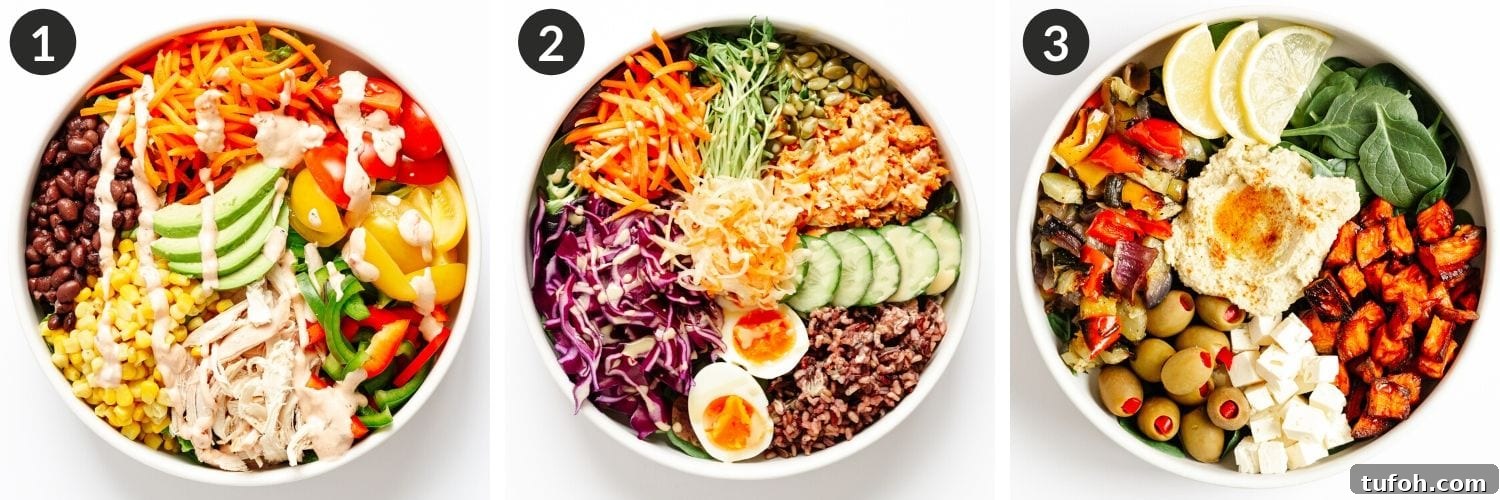 Create a Nourish Bowl: Step-by-Step Homemade Recipe Guide 5 Collage of 3 different healthy bowl ideas.