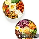 Two different nourish bowls on a white background.