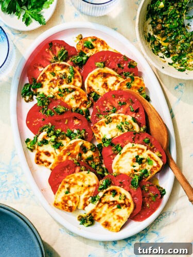 Grilled Halloumi and Tomato Salad with Fresh Herbs 12 Seared Halloumi and Tomato Salad with herb gremolata on a serving plate.