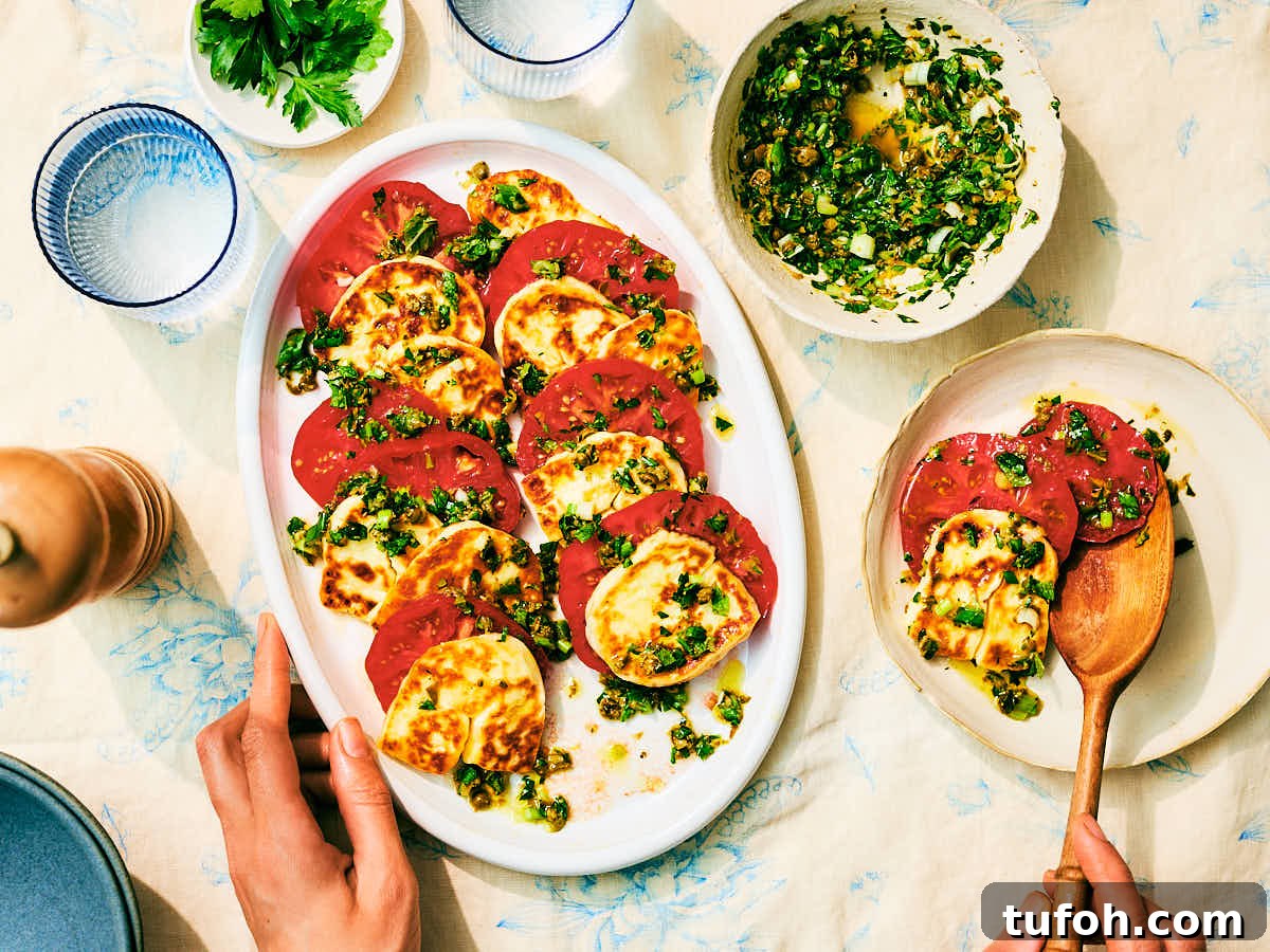 Grilled Halloumi and Tomato Salad with Fresh Herbs 3 Seared Halloumi and Tomato Salad with herbs being spooned onto a plate.