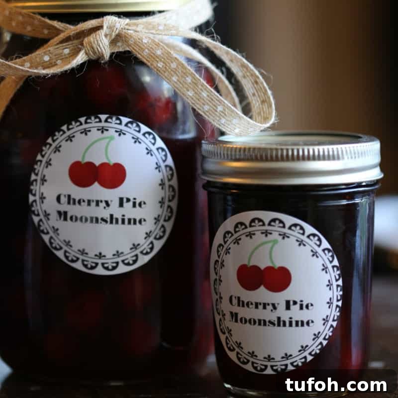 25+ Romantic Valentine's Day Cocktails and Toasting Drinks 16 Mason Jars with a sticker saying Cherry Pie Moonshine