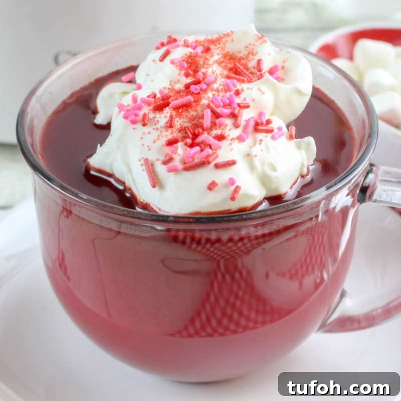 25+ Romantic Valentine's Day Cocktails and Toasting Drinks 25 Red Velvet Hot Chocolate in a glass mug topped with whipped cream and pink sprinkles
