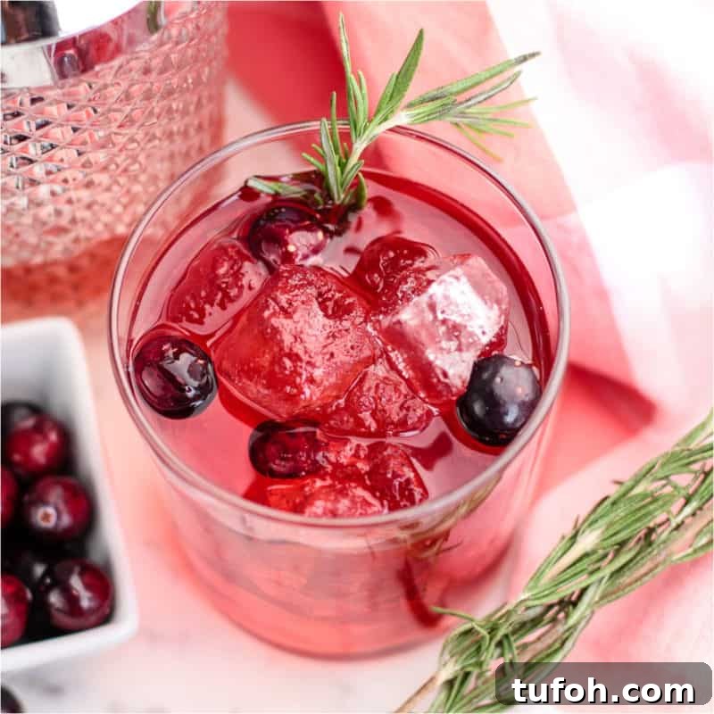 25+ Romantic Valentine's Day Cocktails and Toasting Drinks 4 red cocktail with cranberries and rosemary next to a bowl of cranberries and a glass cocktail shaker