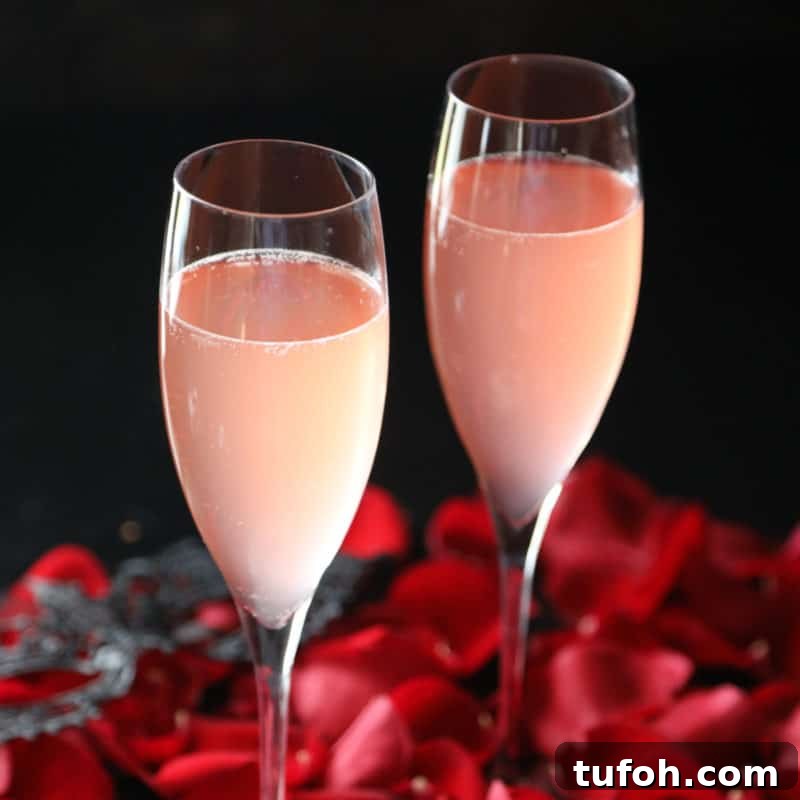 25+ Romantic Valentine's Day Cocktails and Toasting Drinks 5 Kinky Bubbles cocktail in champagne glasses with rose pedals spread out