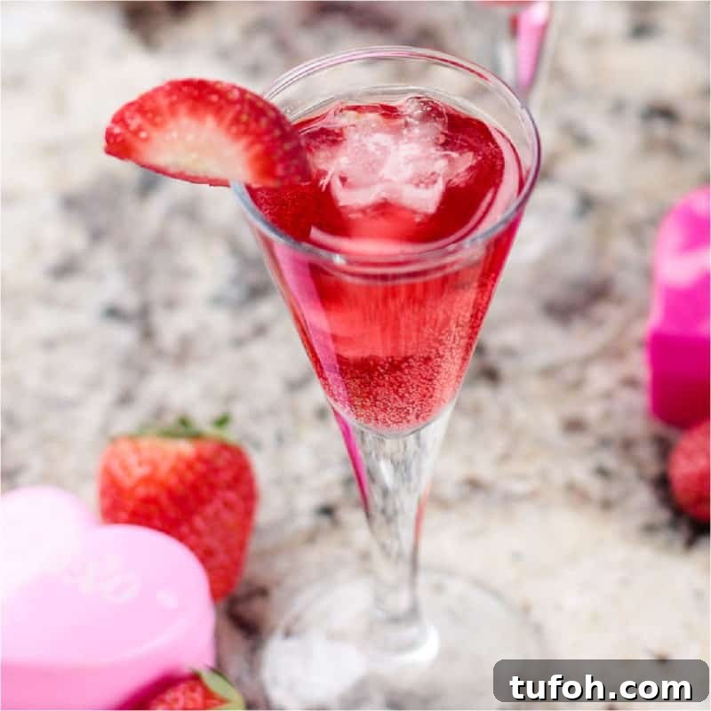 25+ Romantic Valentine's Day Cocktails and Toasting Drinks 7 red champagne cocktail garnished with a strawberry next to pink hearts and strawberries