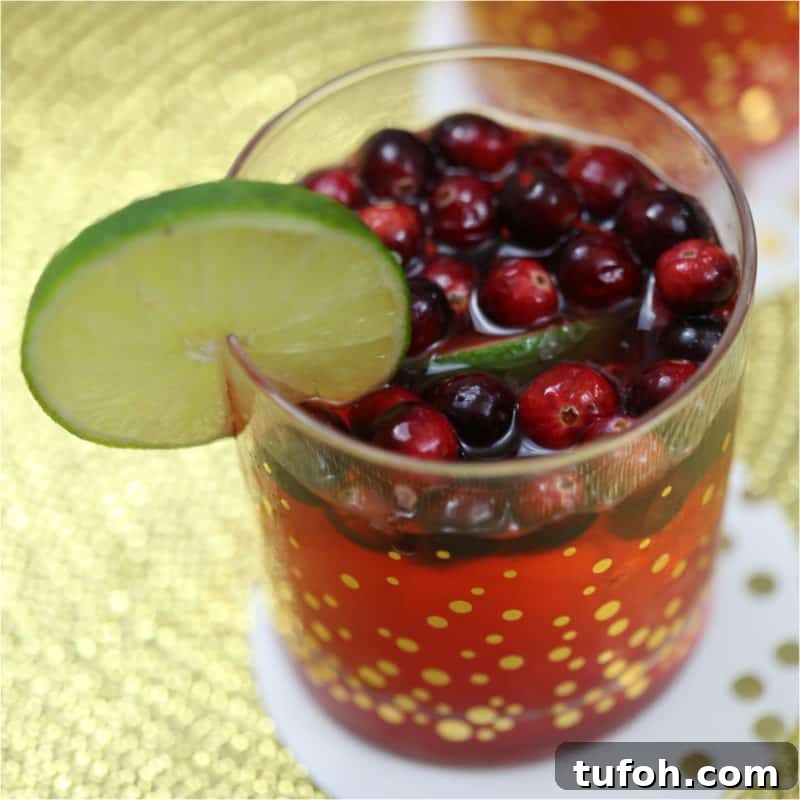 25+ Romantic Valentine's Day Cocktails and Toasting Drinks 9 Cranberries and lime in a red cocktail in a glass with gold polka dots