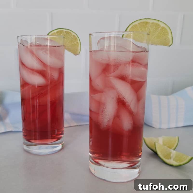 25+ Romantic Valentine's Day Cocktails and Toasting Drinks 10 Two red Woo Woo Drinks in tall glasses wtih lime wedges next to a cloth napkin