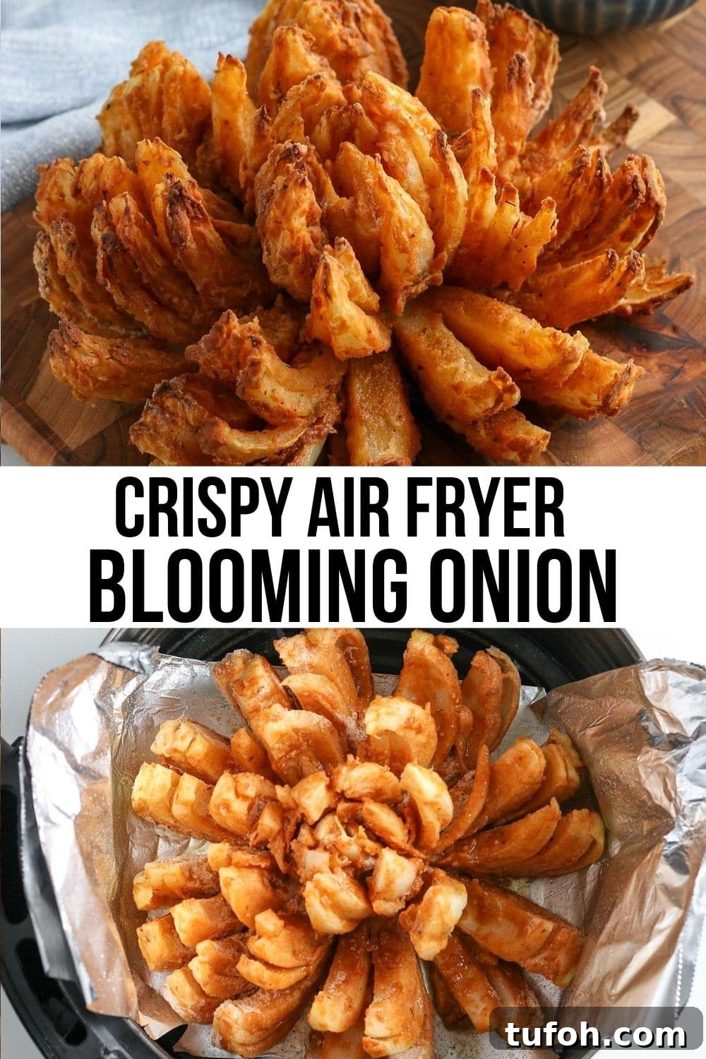 Crispy Air Fryer Bloomin' Onion Recipe for Game Day 14 collage of air fried blooming onion.
