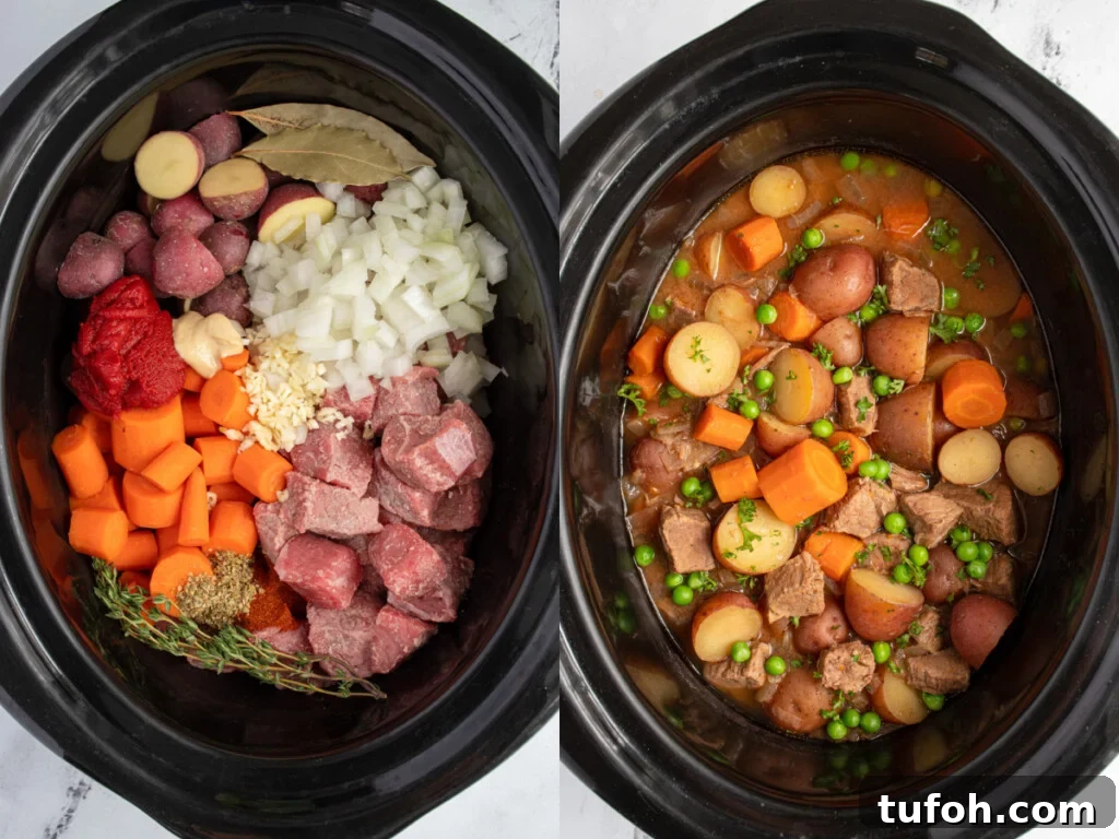 Slow-Cooker Beef Stew with Tender Chunks and Veggies 5 Before and after of the ingredients to make beef stew in the crockpot and after when it is all cooked.