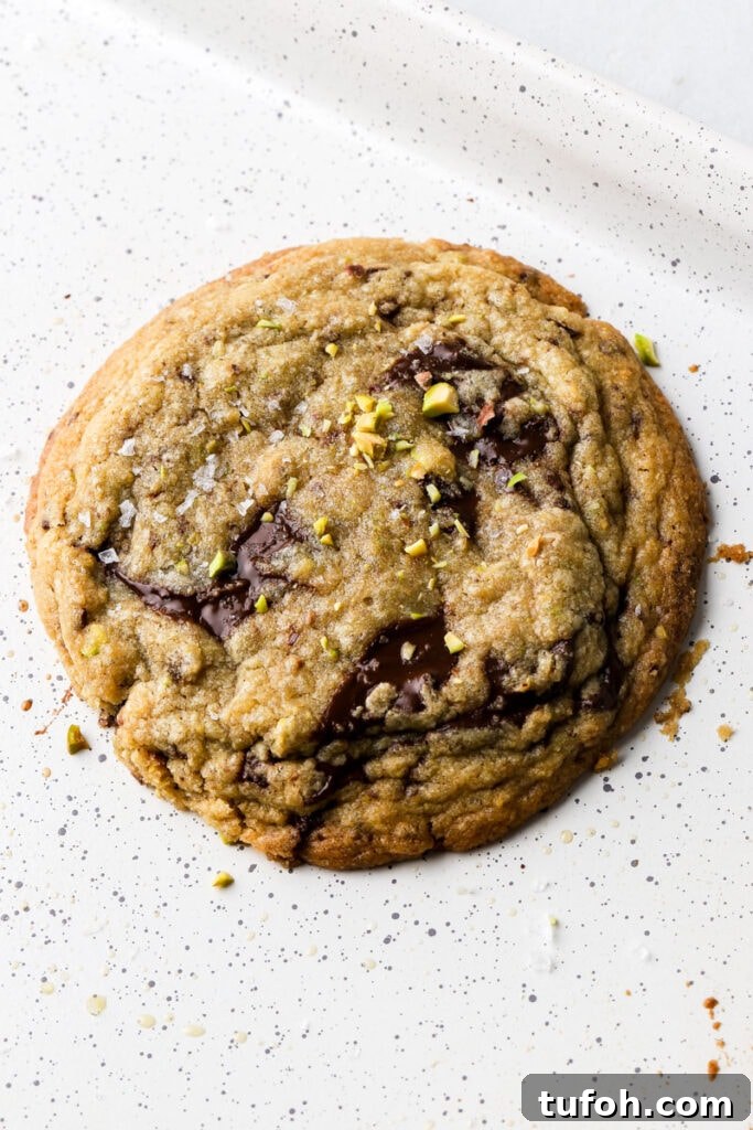 cookie cooling on a pan with melted pools of dark chocolate, sea salt and chunks of pistachio