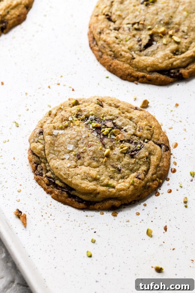 pistachio chocolate chip cookie on a cookie sheet