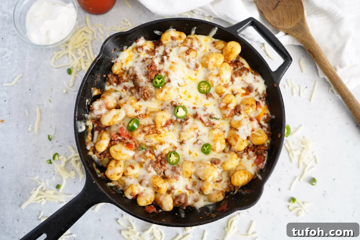 Taco gnocchi in a cast iron skillet Taco gnocchi in a cast iron skillet