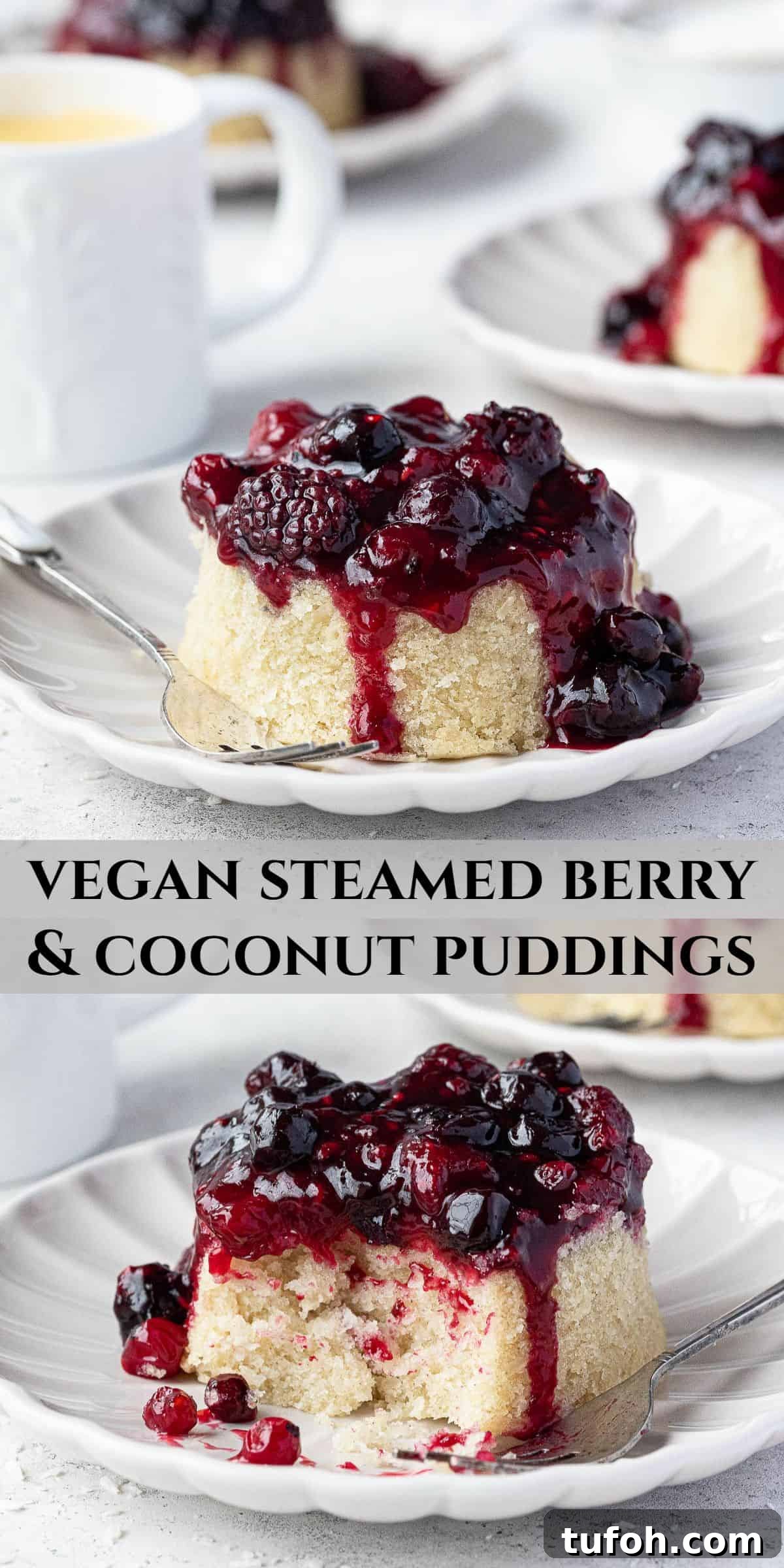 Vegan Berry & Coconut Steamed Puddings Recipe 12 Pinterest collage image.