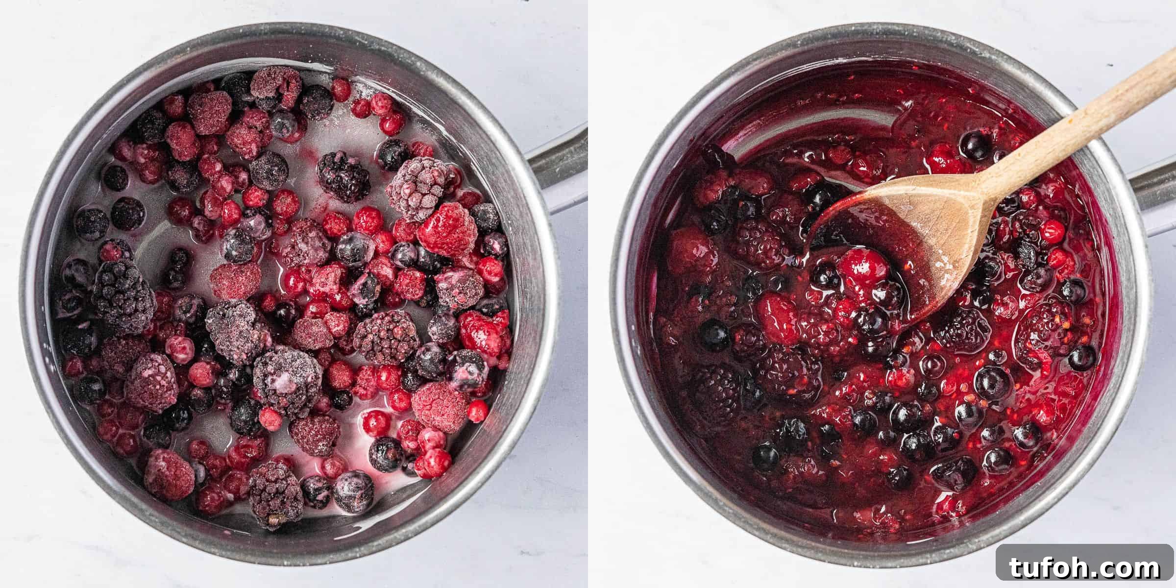Vegan Berry & Coconut Steamed Puddings Recipe 4 Step 1, a 2 imaage collage of making the berry compote.