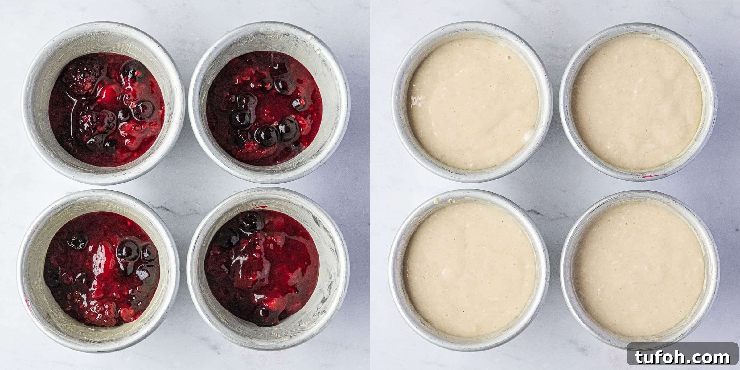 Vegan Berry & Coconut Steamed Puddings Recipe 7 Step 4, a 2 image collage of adding the compote and batter to the pudding bowls.