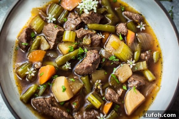 Pressure cooker (Instant Pot) vegetable beef soup in a bowl. 