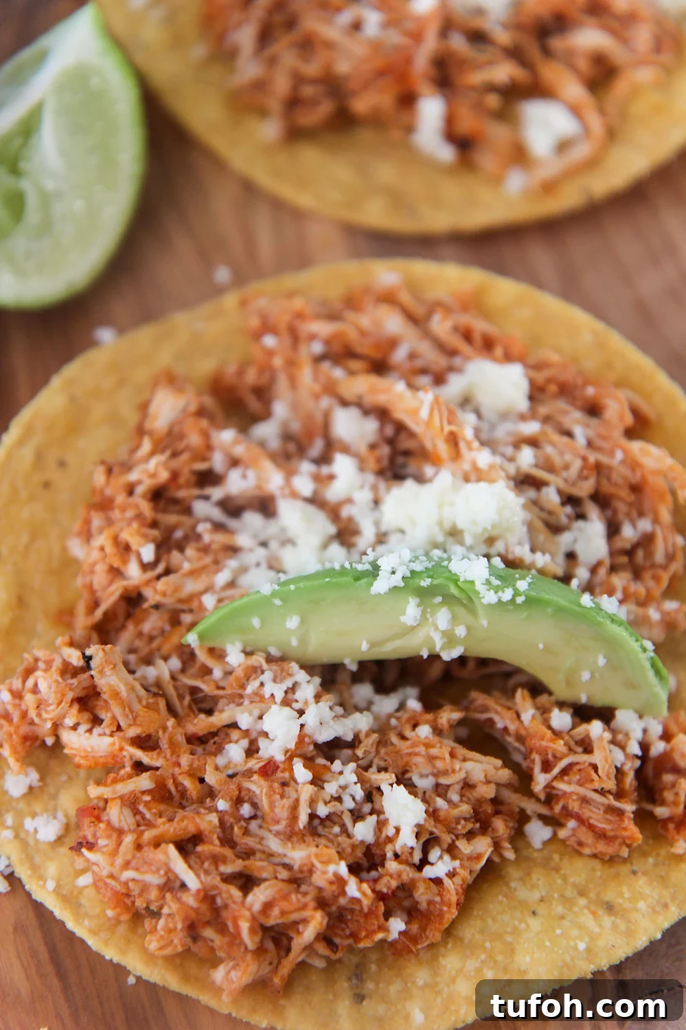 instant pot chicken tinga tostada up close.