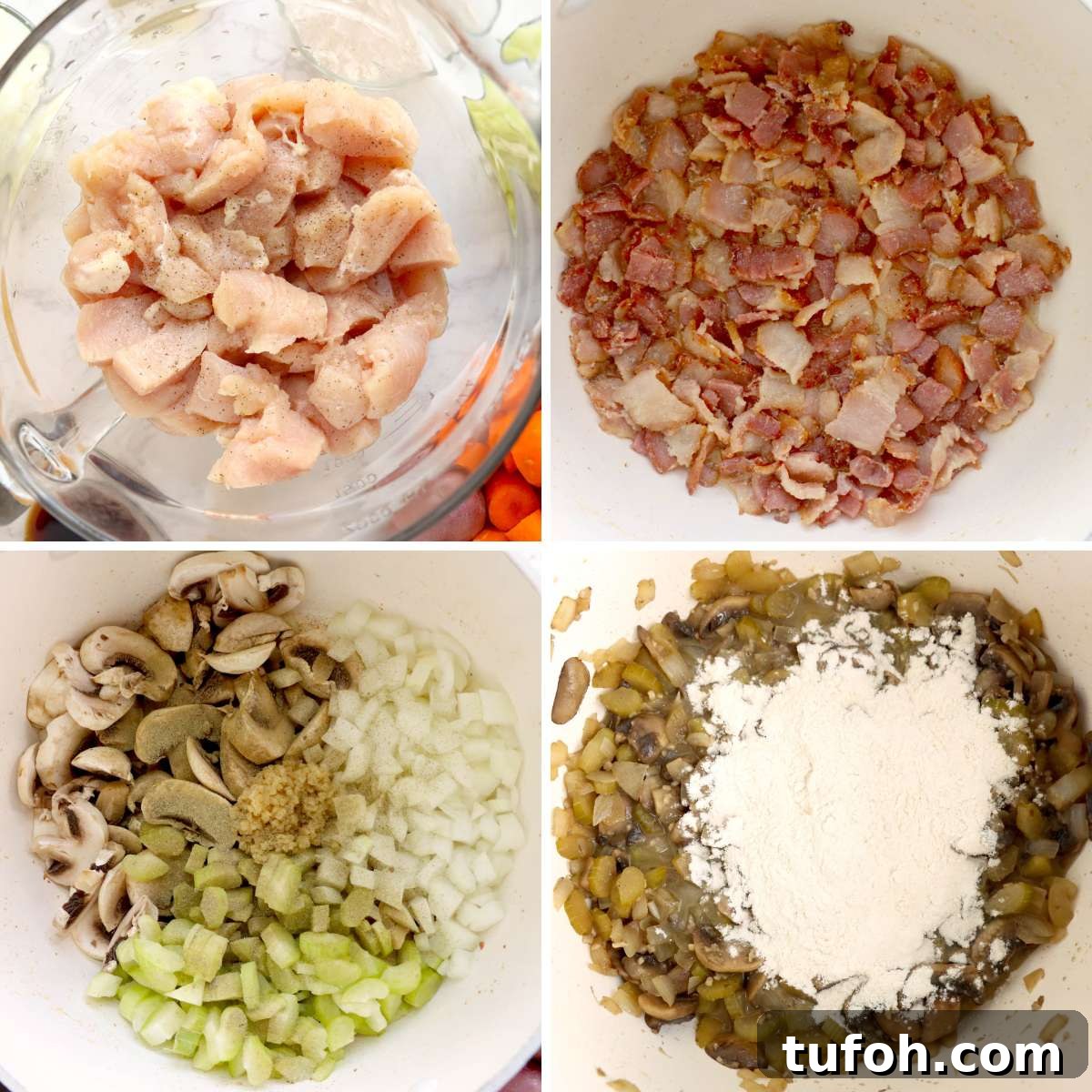 Collage of four pictures showing how to make chicken stew.
