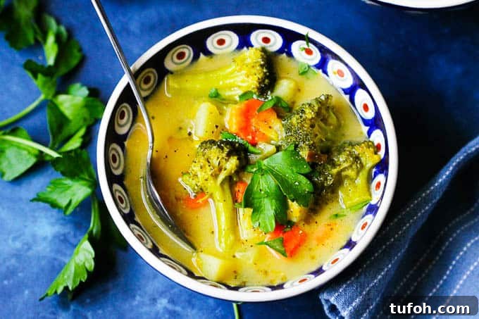 Creamy European Broccoli, Leek & Potato Soup Recipe 3 An overhead picture of Broccoli Leek Potato Soup in a colorful bowl with spoon